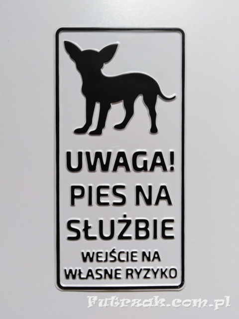 Tabliczka ostrzegawcza, metalowa-"UWAGA! PIES NA SŁUŻBIE..."