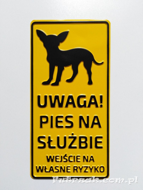 Tabliczka ostrzegawcza, metalowa-"UWAGA! PIES NA SŁUŻBIE..."