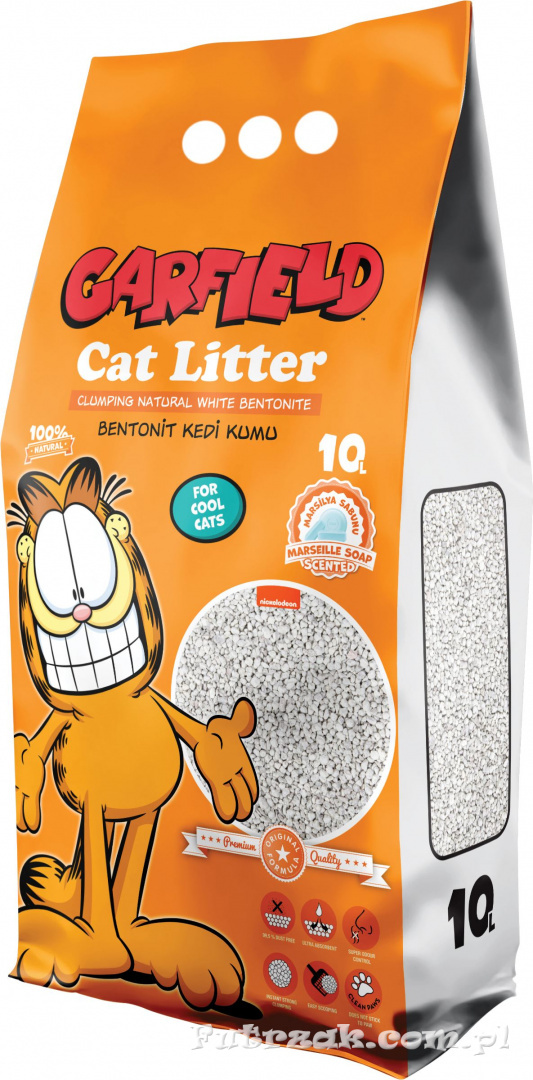 Żwirek Garfield biały bentonit mydło marsylskie 10l Żwirek Garfield biały bentonit mydło marsylskie 10l