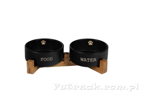 Zestaw dwóch misek ceramicznych na drewnianym stojaku-Y2783
